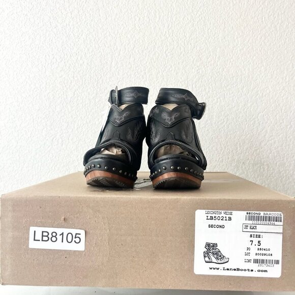 Lane Boots LEXINGTON Womens Black Wedges 7.5 Western Sandals Cowgirl Wooden Heel - Picture 10 of 11